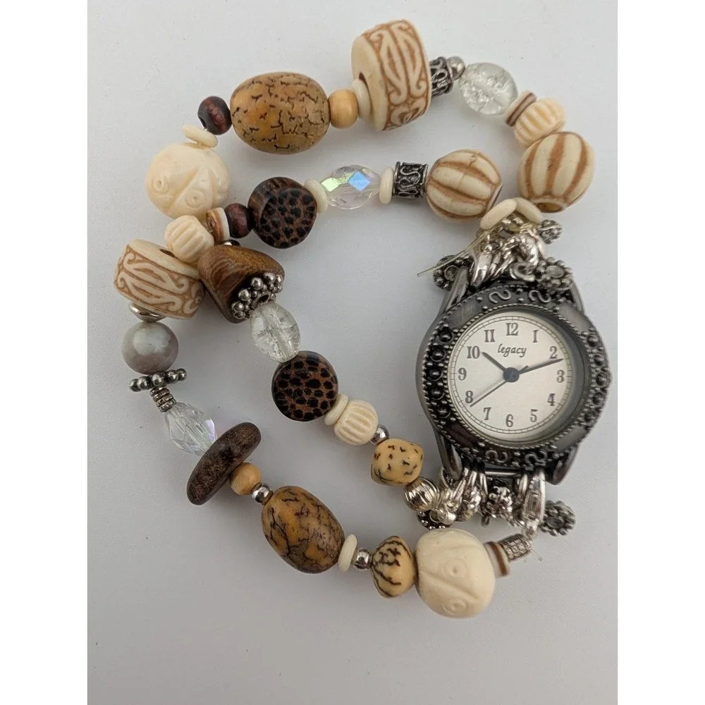 Legacy Watch Women 25mm Silver Case Boho Brown Beaded Band- New Battery